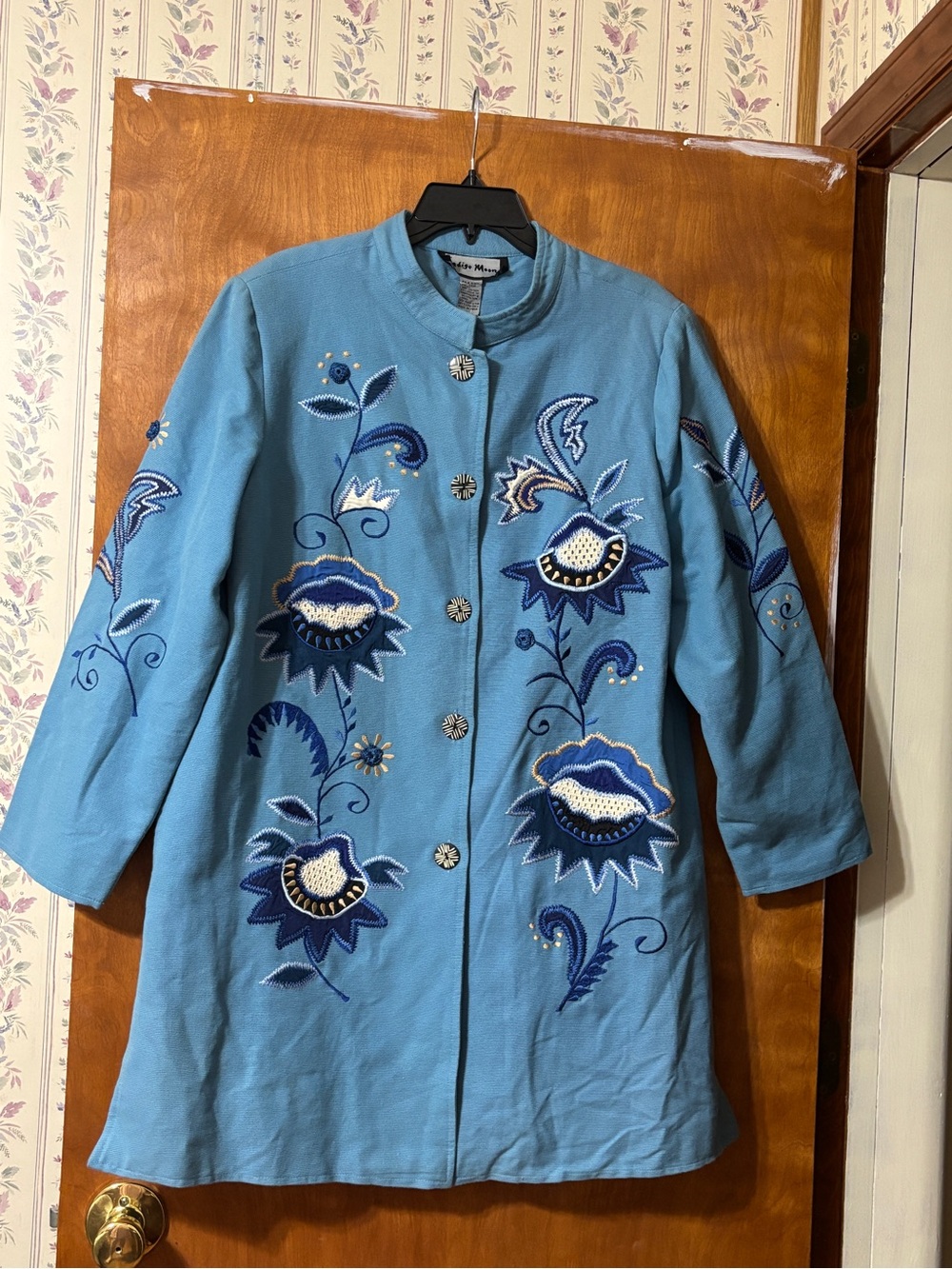 Vintage Indigo Moon NWT Embroidered Light Blue Floral Coat Sz L